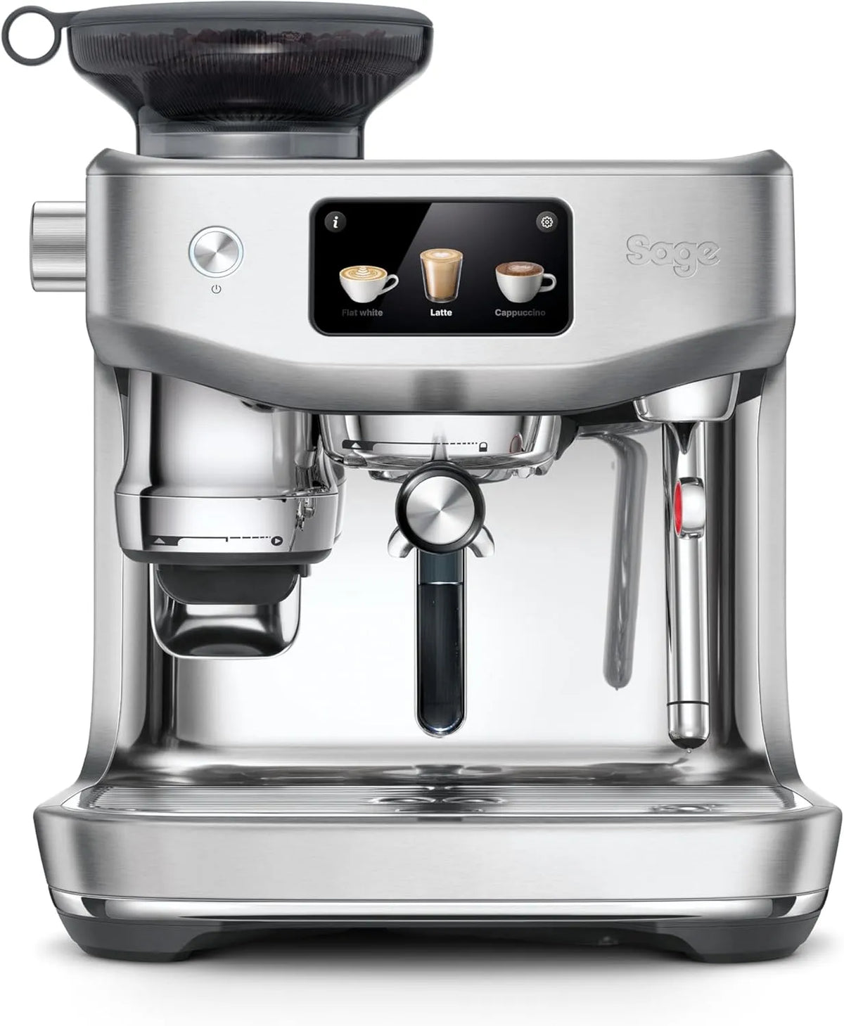 Sage Espresso-Siebträgermaschine, 14 Voreinstellungen, Espressomaschine mit integriertem Mahlwerk, inklusive. Knock Box, Leistung 1600W, Edelstahl