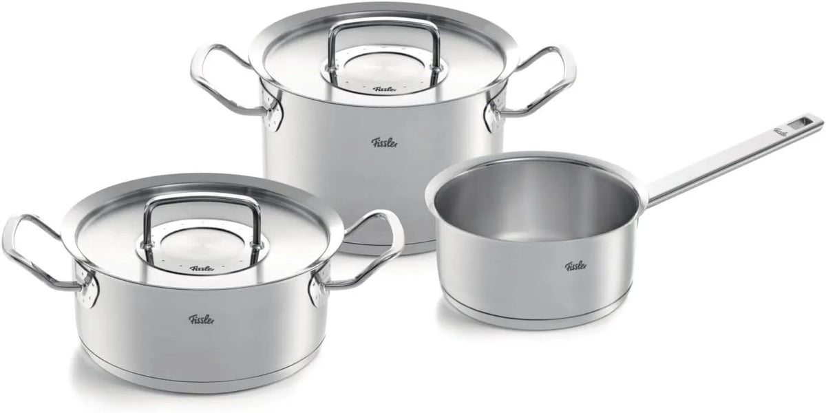 Topfset, 1 Kochtopf, 1 Stielkasserolle, Edelstahl, Induktion, 3-teilig, 1 Bratentopf, Fissler Original-Profi Collection, Töpfe mit Metall-Deckel