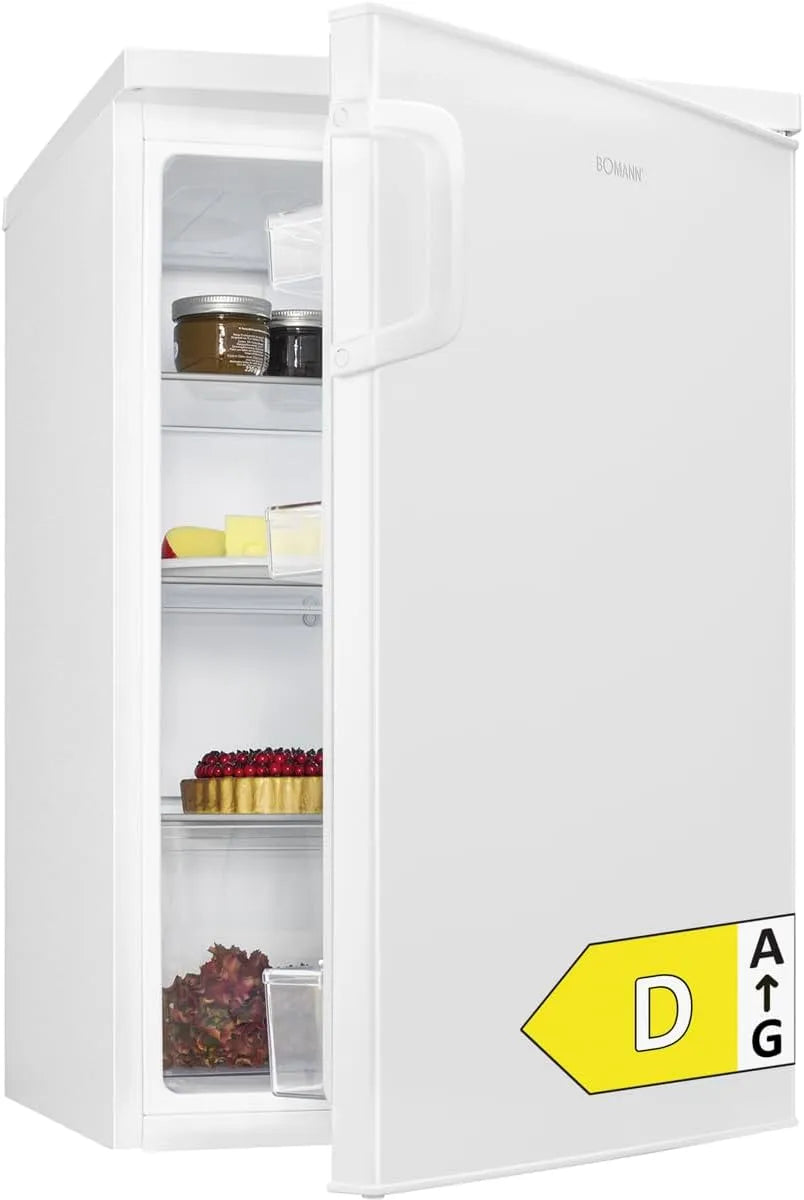 Bomann Kühlschrank VS 2195.1, leise 39dB, Fassungsvermögen 133L, Energieklasse D, klein mit Gemüsefach, weiß, Breite 85cm, 3 Ablagen, ohne Gefrierfach