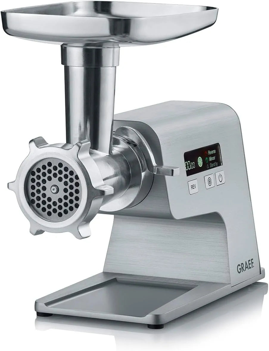 Modell FW500 GRAEF Multiwolf, Fleischwolf im Vollmetallgehäuse, einfache Reinigung, geringe Rückstände, silber, Leistung 2.500 W, digitale Anzeige