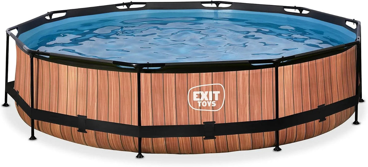 Braun Pool, ø360x76cm, EXIT Toys Wood, Großer, Runder Rahmenpool mit Kartuschenfilterpumpe, Leicht Zugänglich, Für Kleinkinder Geeignet
