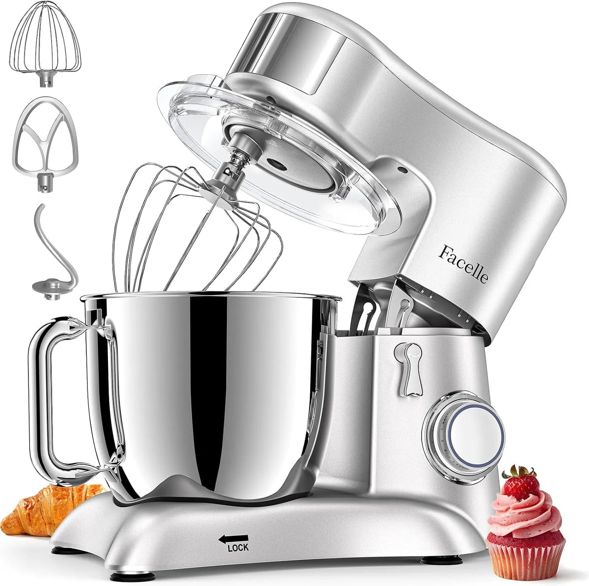 Küchenmaschine Facelle, teigknetmaschine inklusive. 3-teiligem Patisserie-Set, Fassungsvermögen 6,5L Edelstahl-Rührschüsse knetmaschine