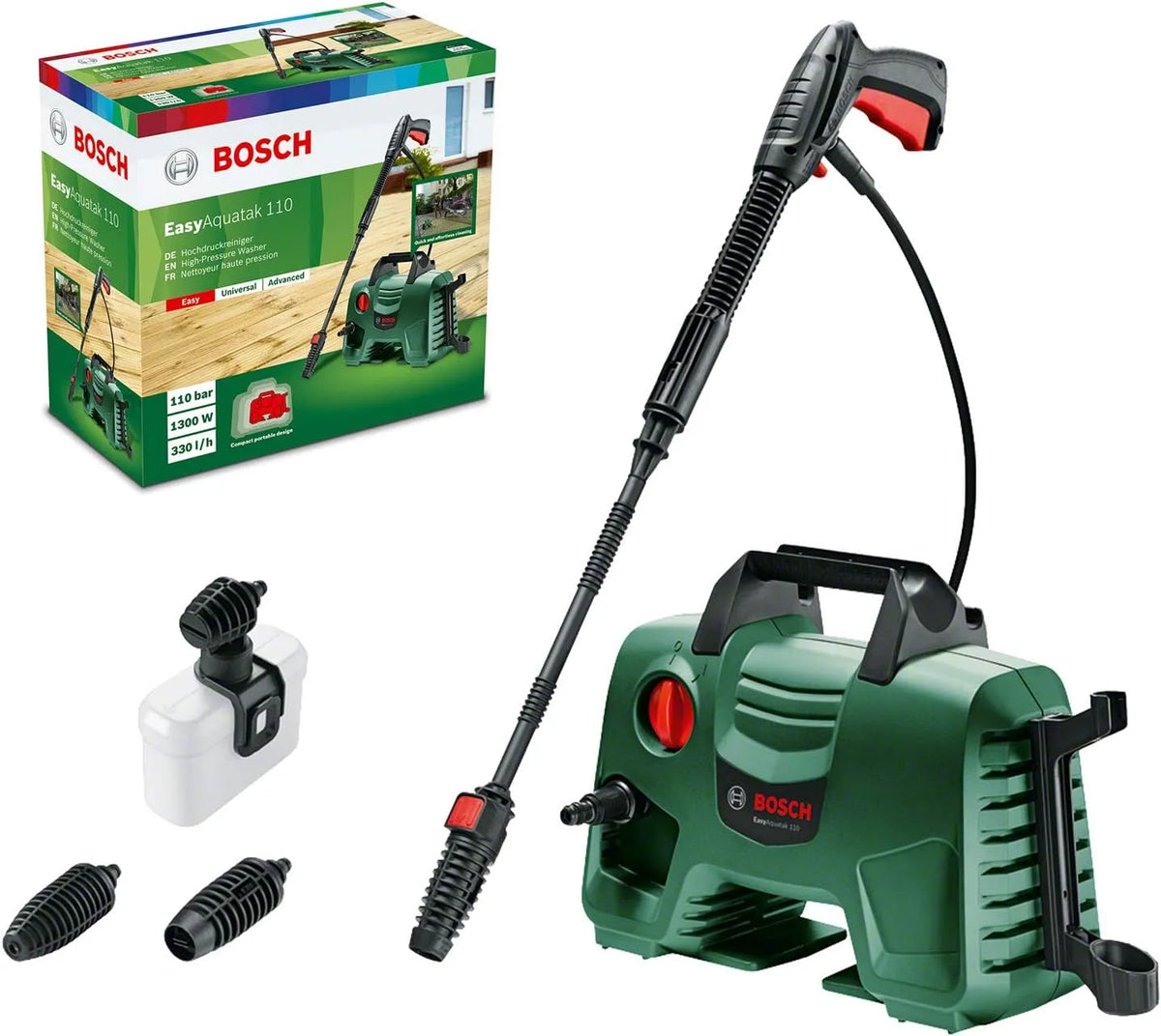 Bosch Hochdruckreiniger, Home and Garden EasyAquatak 110, 3x Düse, Druck: 110 bar, 5 m Kabel, 3 m Schlauch, 1300 Watt, Hochdruckpistole, Karton