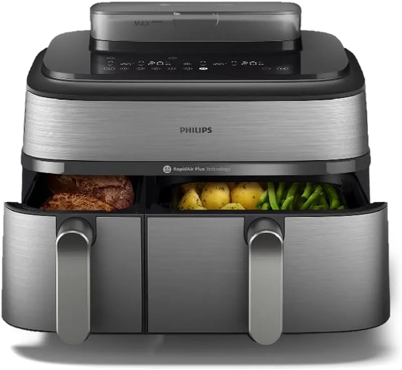 Philips Heißluftfritteuse 5000 3L+6L NA555/00, Fassungsvermögen 9L, Airfry, automatische Dampfreinigung, RapidAir Plus, SteamFy