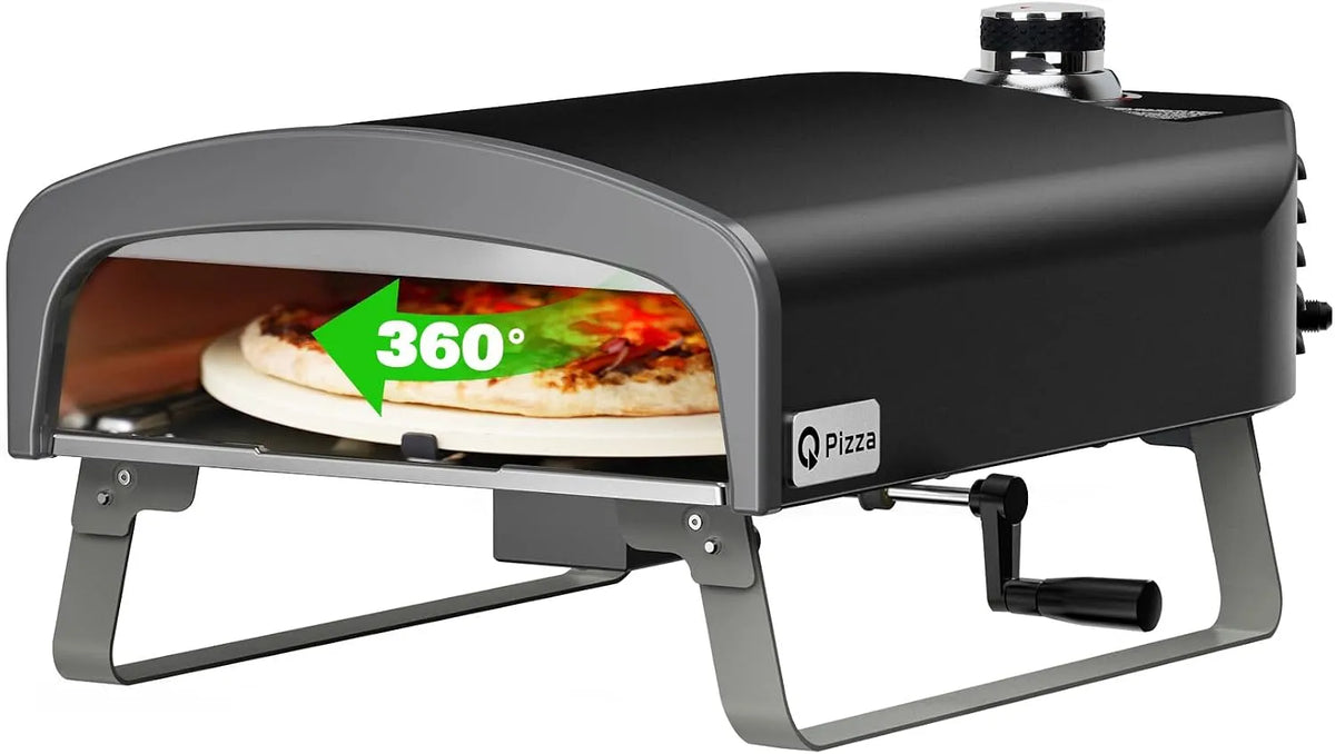 Grill, 500 Grad Pizza für Outdoor Garten mit ⌀33 cm Pizzastein, Q Pizza Gas Pizzaofen mit Manueller Drehfunktion