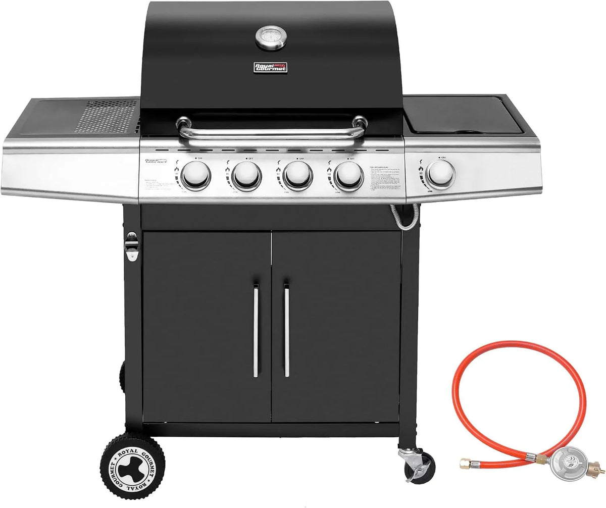 Gasgrill, mit 14,5 kW Camping für Outdoor Barbecue in Schwarz, Royal Gourmet 4+1 Brenner Grillwagen mit automatischer Zündung