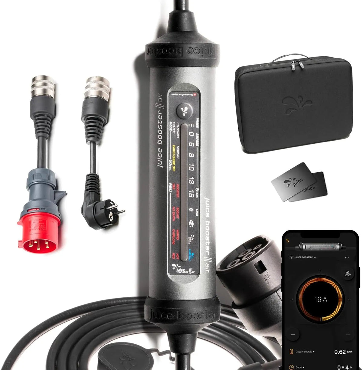 3 air Juice Booster, Wallbox 11 kW mit App & Stromzähler, klein, wasserdicht & überfahrsicher, Made in Germany, Typ 2 Ladekabel, flexibel