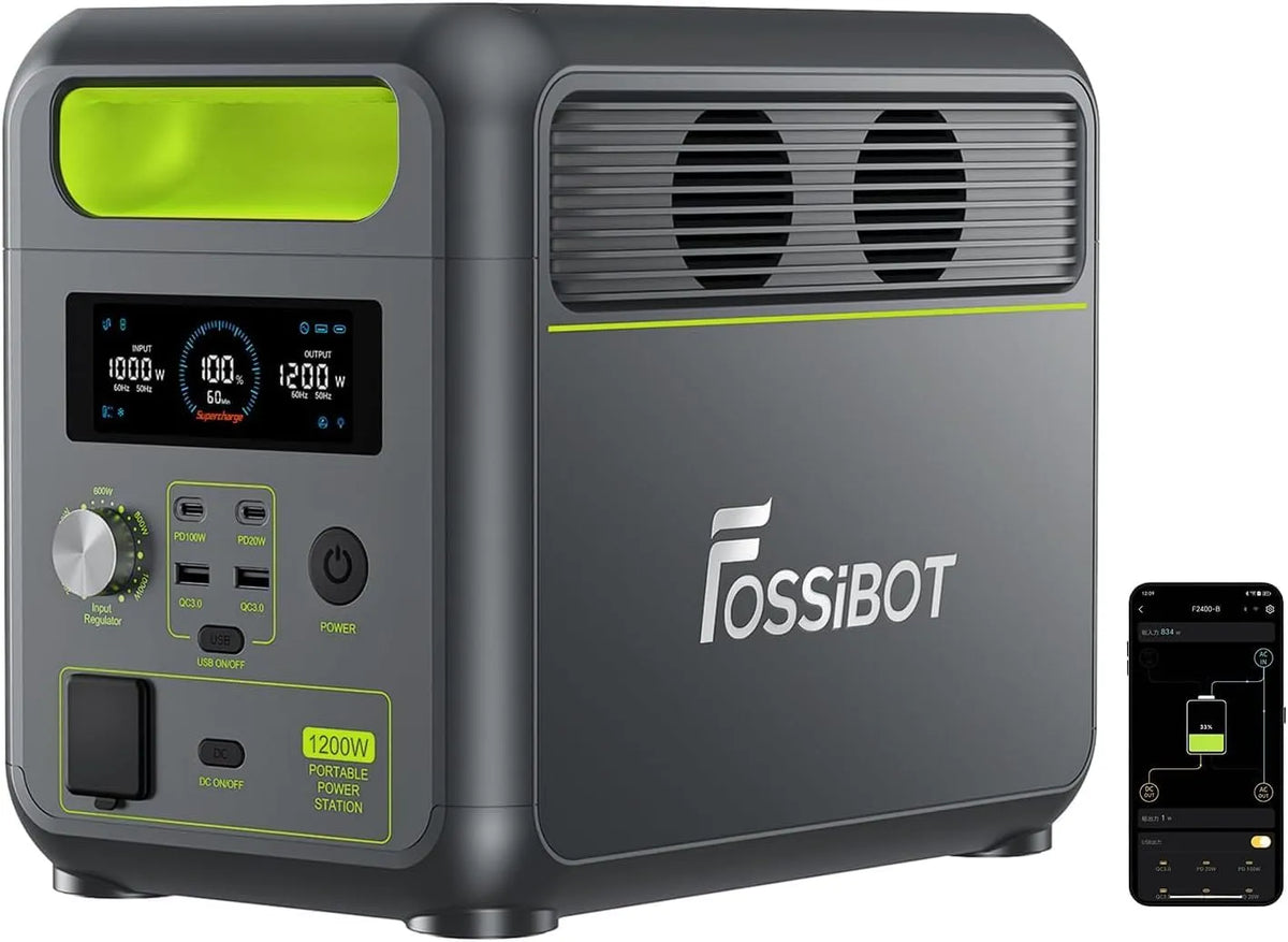 Modell Powerstation F1200 LiFePO4 FOSSiBOT tragbar, Spitze 2400W, 0-100% Akku in 45 Min Power Station, Wohnmobil, Reisen, Leistung 100W Typ-C, RV