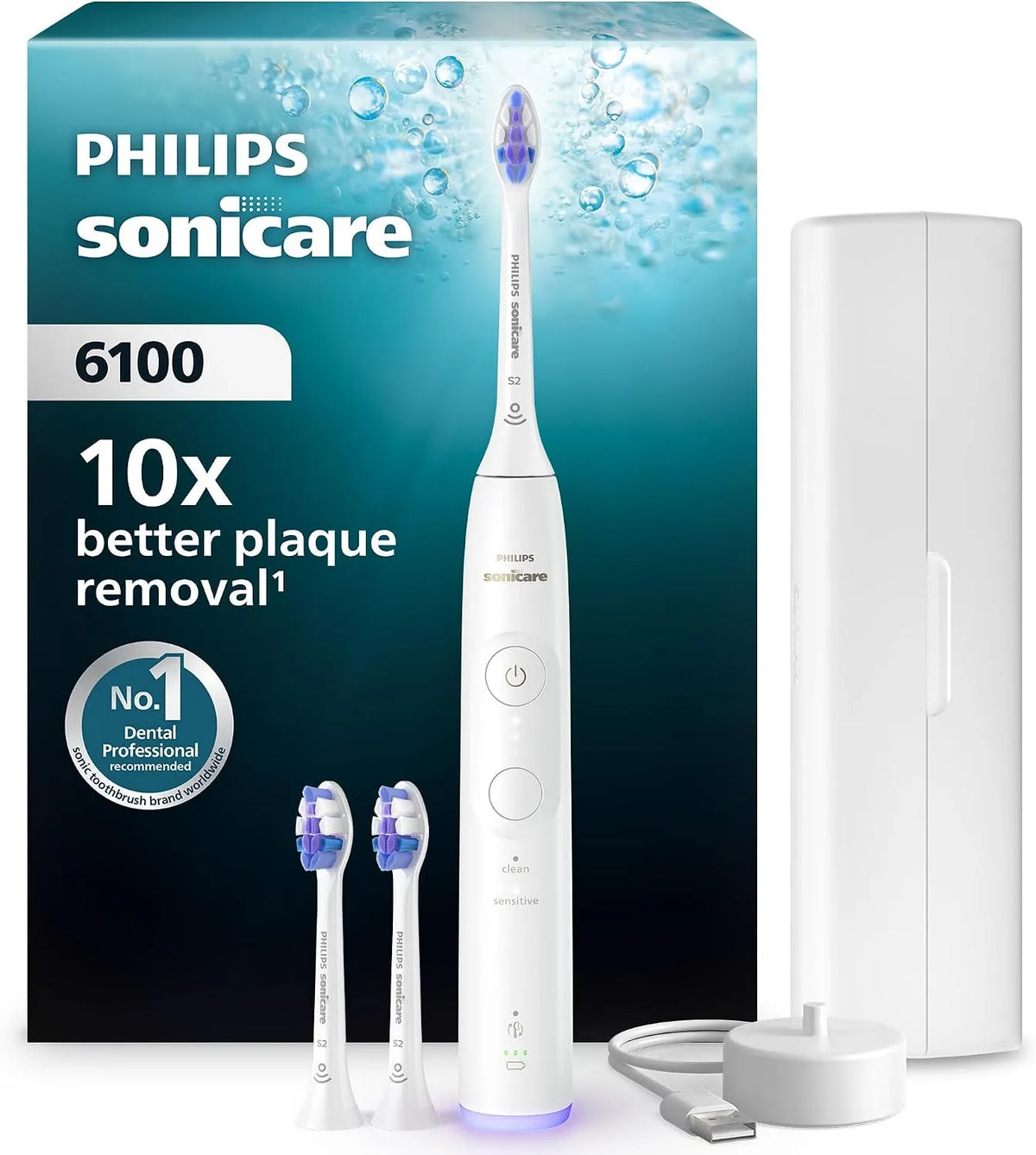 Philips Modell, Sonicare elektrische Zahnbürste 6100 HX7400/02, 3 Intensitätsstufen, Andruckkontrolle, SmarTimer, Weiß, EasyStart, Reiseetui