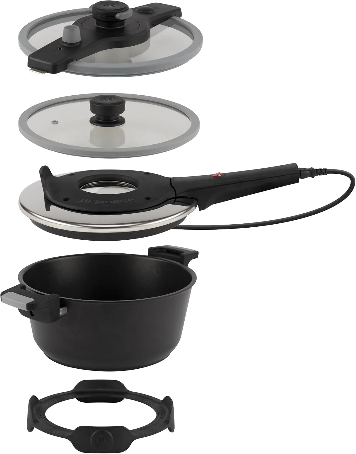 Leistung 610 W 3 in 1 Topf REMOSKA Tria, mit 3 Tellern Backen Garen Schmoren Dünsten Garen unter mittlerem Druck Farbe Grau