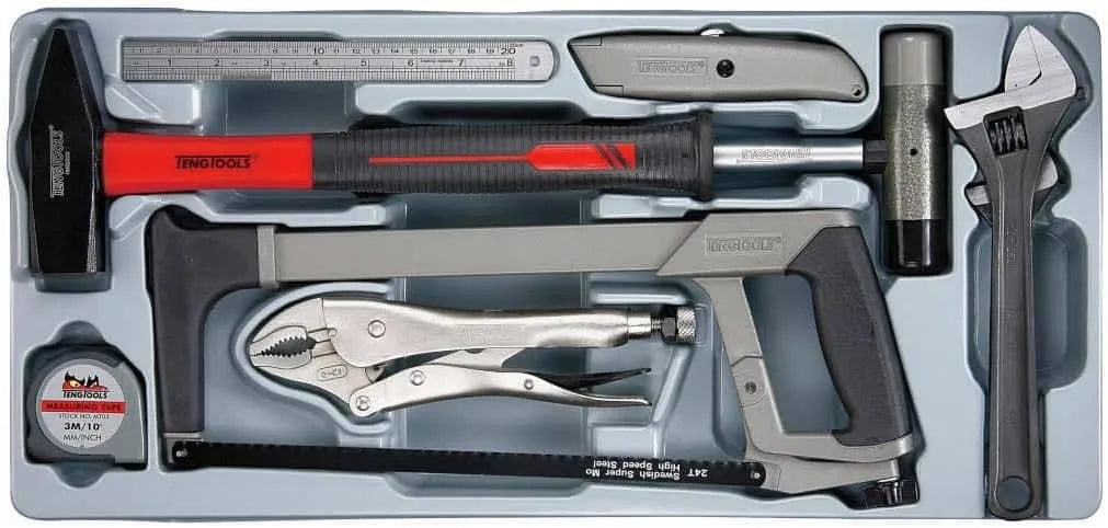 Modell Werkzeugset für Ingenieure TTPS09E Teng Tools, Schraubenschlüssel, Klebeband, Säge, Messer, Hammer