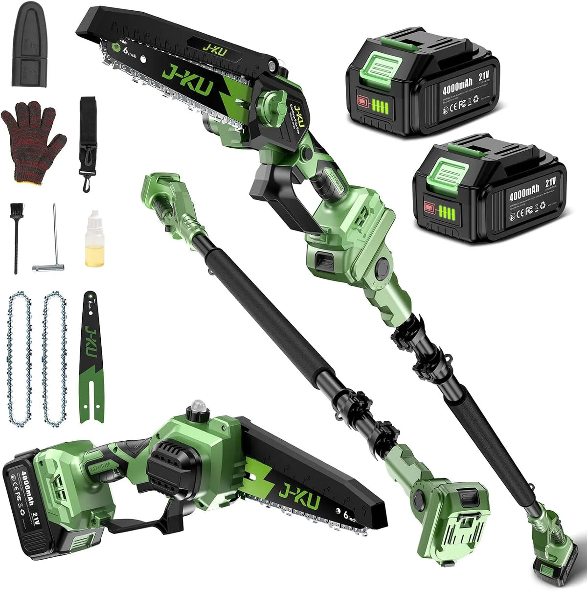 In-1 Akku Teleskop Hochentaster J-KU 2, 6 Zoll Mini Kettensäge mit 2×4.0Ah Akkus & Ladegerät, bis 4,8m Arbeitshöhe, Bürstenloser Motor