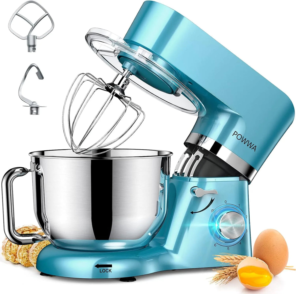 Küchenmaschine, POWWA 6,2 L Rührmaschine Knetmaschine, 6+1 Geschwindigkeit Teigmaschine,1500W Teigknetmaschine mit Schneebesen, Knethaken, Kekse