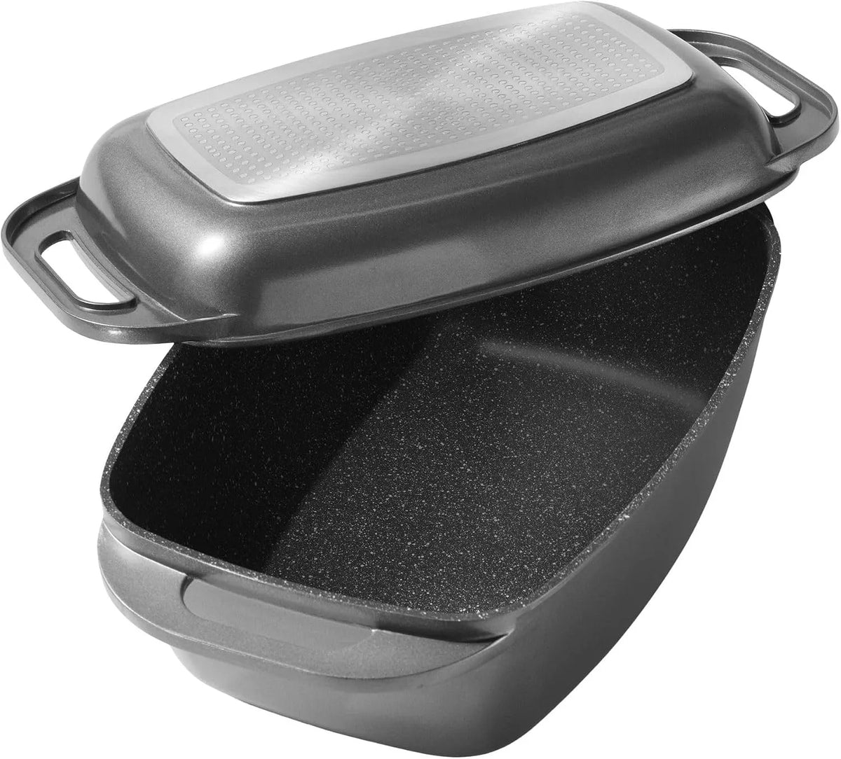 Backofen, Deckel als Auflaufform verwendbar, STONELINE Aluguss Bräter mit Deckel 43x26 cm, Farbe Grau