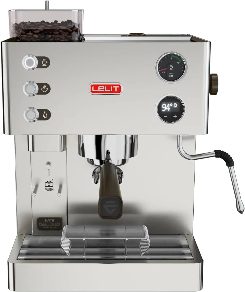 Kaffeemaschine LELIT Kate, Mit Milchaufschäumer und Mahlwerk, LCC Display für präzise Einstellungen, Silber