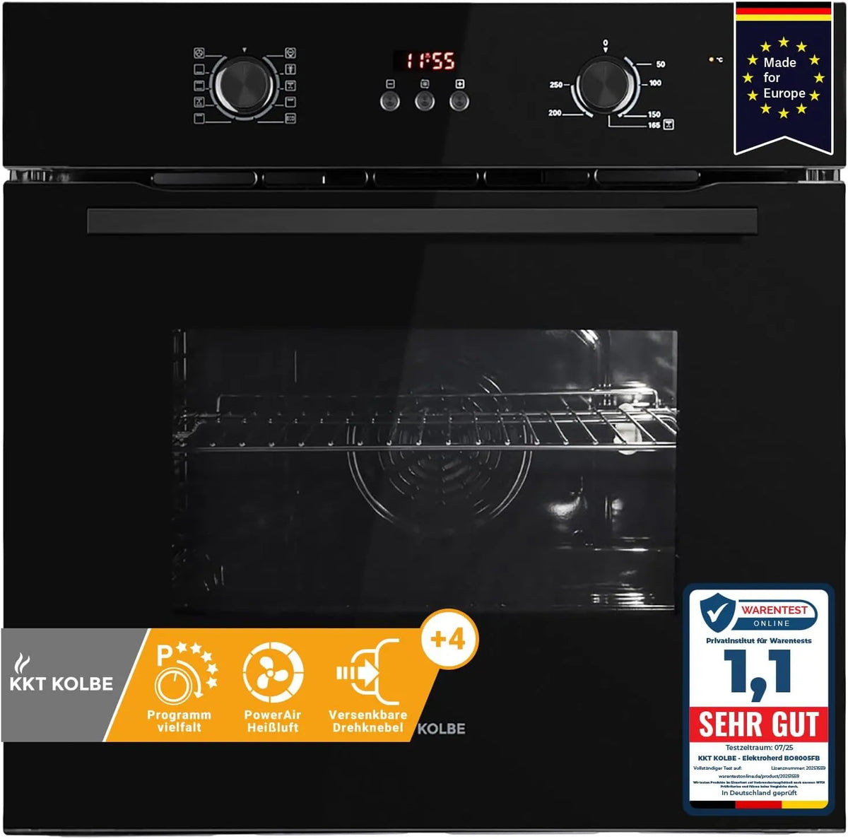 Backofen BO8005FB, Fassungsvermögen 70L, Wärmeschutzverglasung, autark, Heißluft, Kindersicherung, KKT KOLBE Einbaubackofen 60 cm, Leistung 3kW