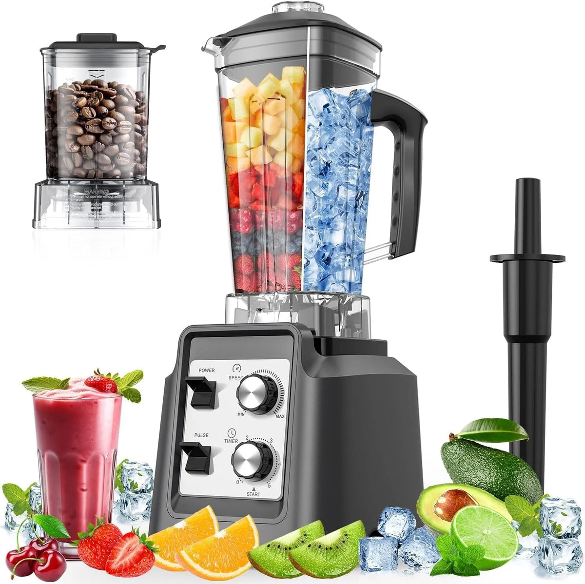 Standmixer 0-Liter-Behälter 600-ml-Kaffeemühle Teendow, Leistung 1800W Smoothie Maker, Tischmixer mit 2 +, BPA-frei, Silber