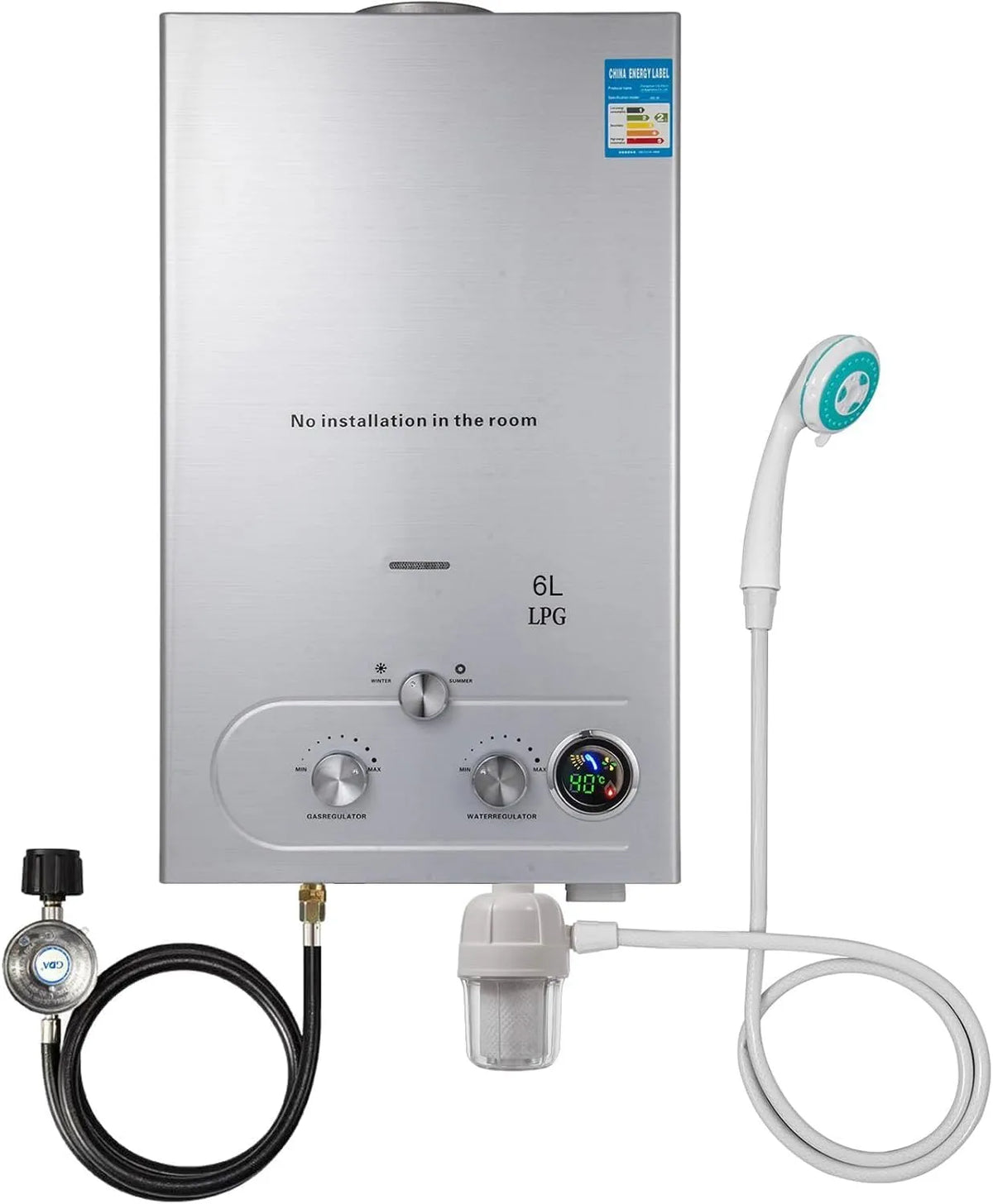 Modell 6LPM Gas-Wassererhitzer, Leistung 12KW tragbarer wasserloser Durchlauferhitzer, Fassungsvermögen 6L, Propangas-Durchlauferhitzer