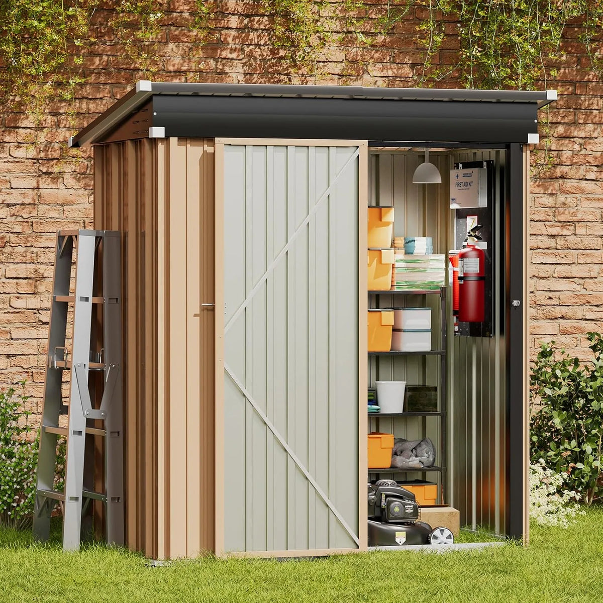 Braun Gerätehaus, Geräteschuppen 162x86x182 cm, Amopatio, Gartenhaus mit Pultdach, BxTxH, Gartenhaus Metall mit Tür