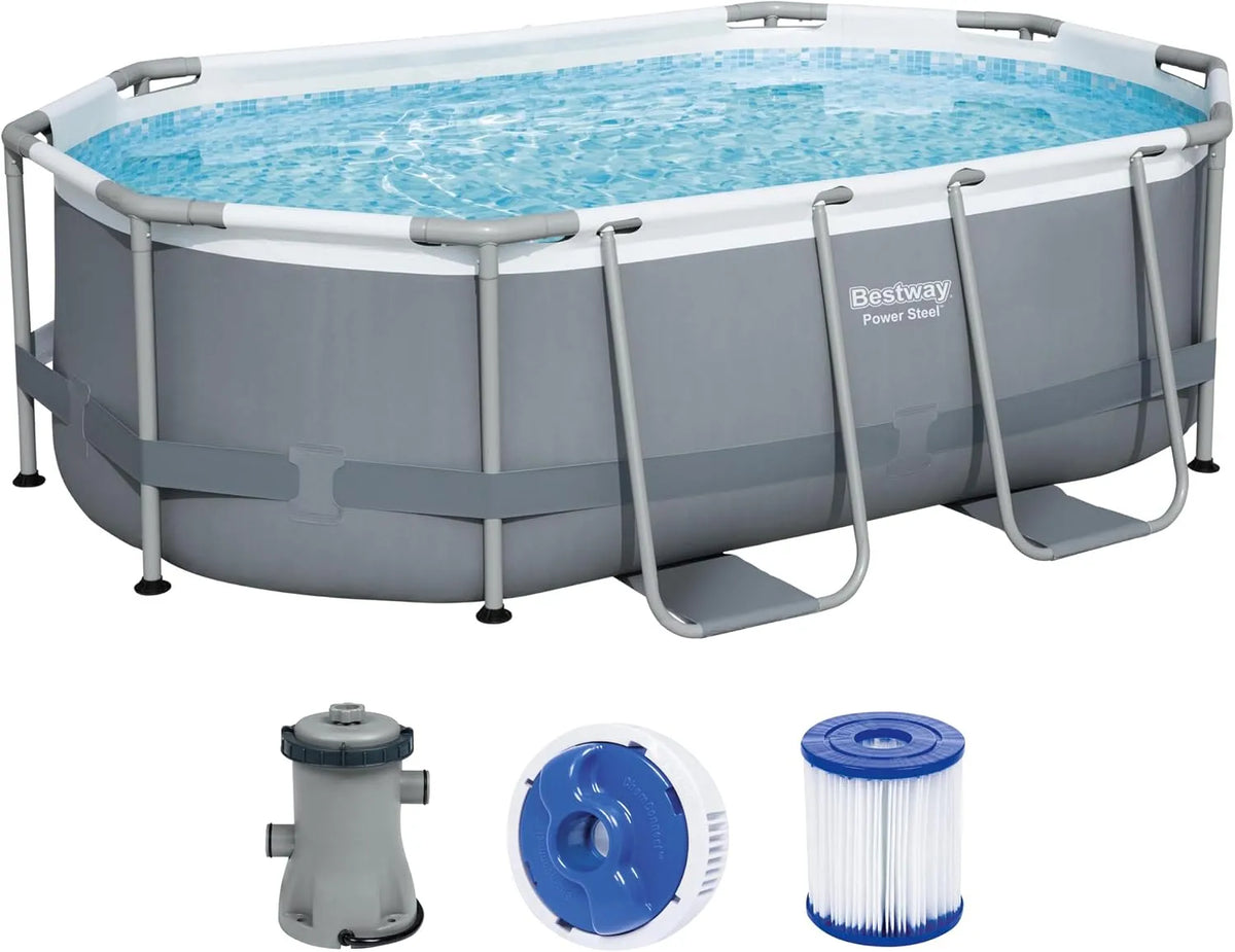 Bestway Pool, mit Filterpumpe 305 x 200 x 84 cm, 5614A, Power Steel Frame Set, oval, Farbe Grau