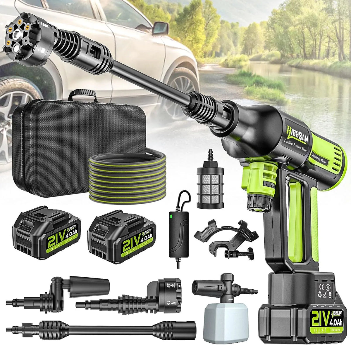 Hochdruckreiniger 4-Gang-Modus 2x4.0Ah 6-in-1und Akku, highsam Pressure Washer Max 120Bar, 180° Drehbare Düse, 5M Schlauch, Schaumsprüher