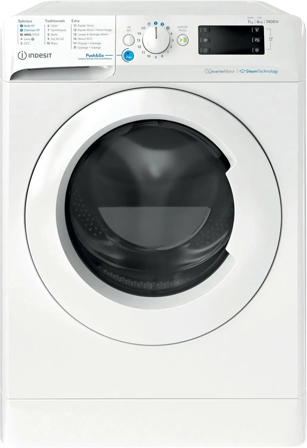 Indesit Modell BDE76435WVFR L60cm 1400, Gewicht 6 kg, trs, Blanc, Lave-linge séchant, Induction, min