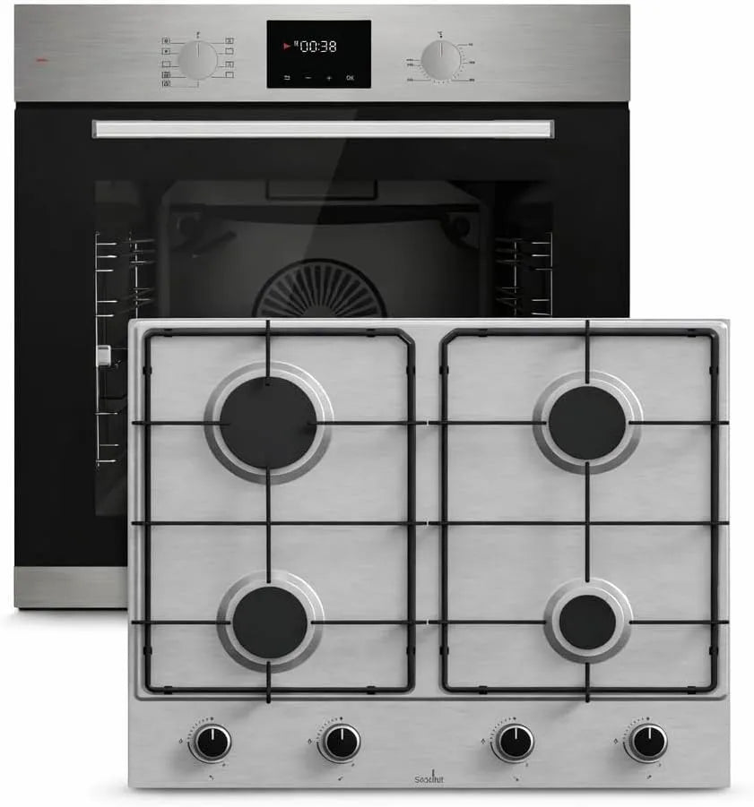 Backofen HB60F78PPX, Fassungsvermögen 78L, Böhme Einbaubackofen Edelstahl mit Heißluft, Timer, 4 Brenner, versenkbare Knebel, LPG & Erdgas