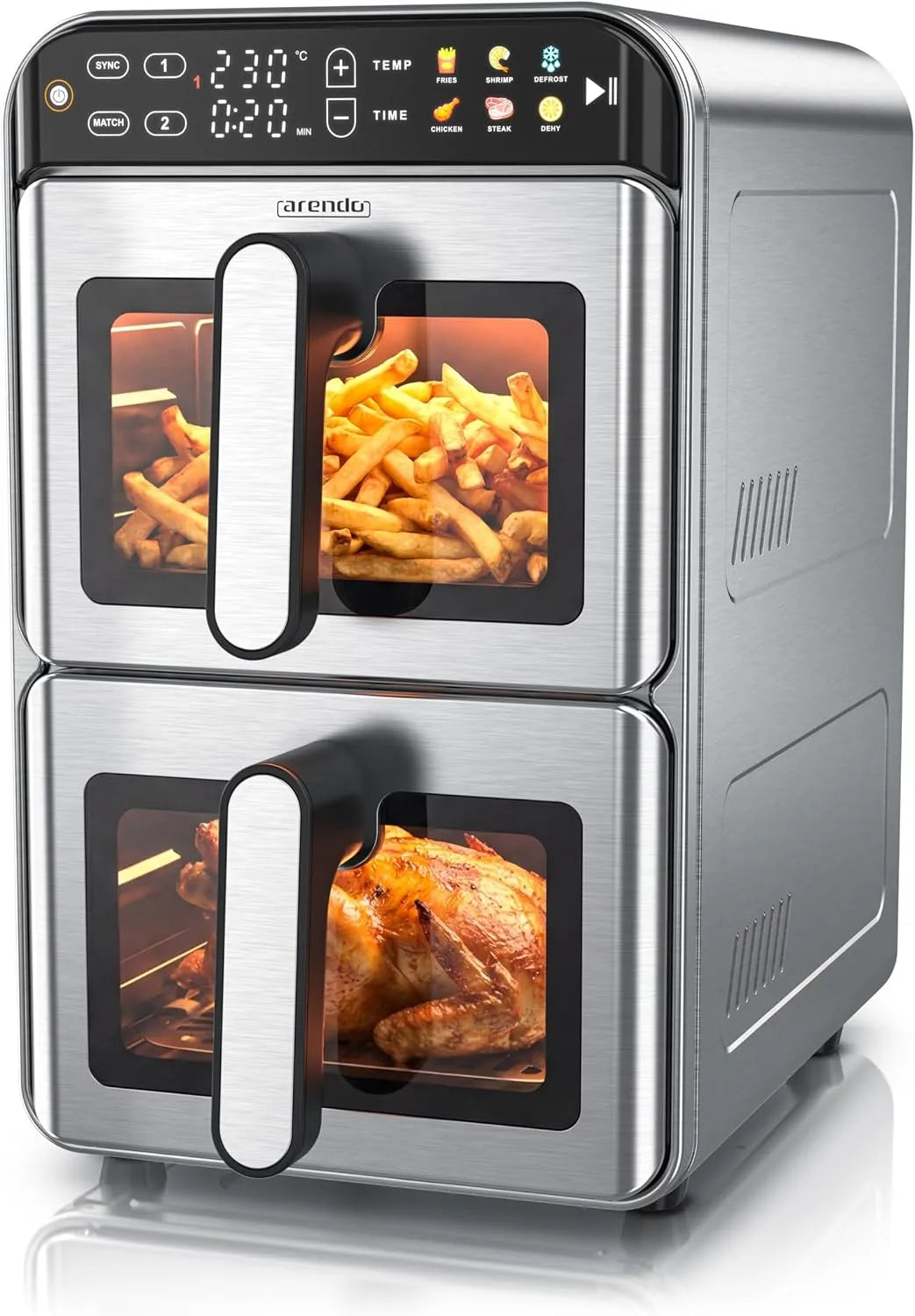 Heißluftfritteuse Arendo, Fassungsvermögen 11 Liter Airfryer 2 Zonen, mit Sichtfenster, Infrarot Heizelement, 2 Kammern Doppelstock