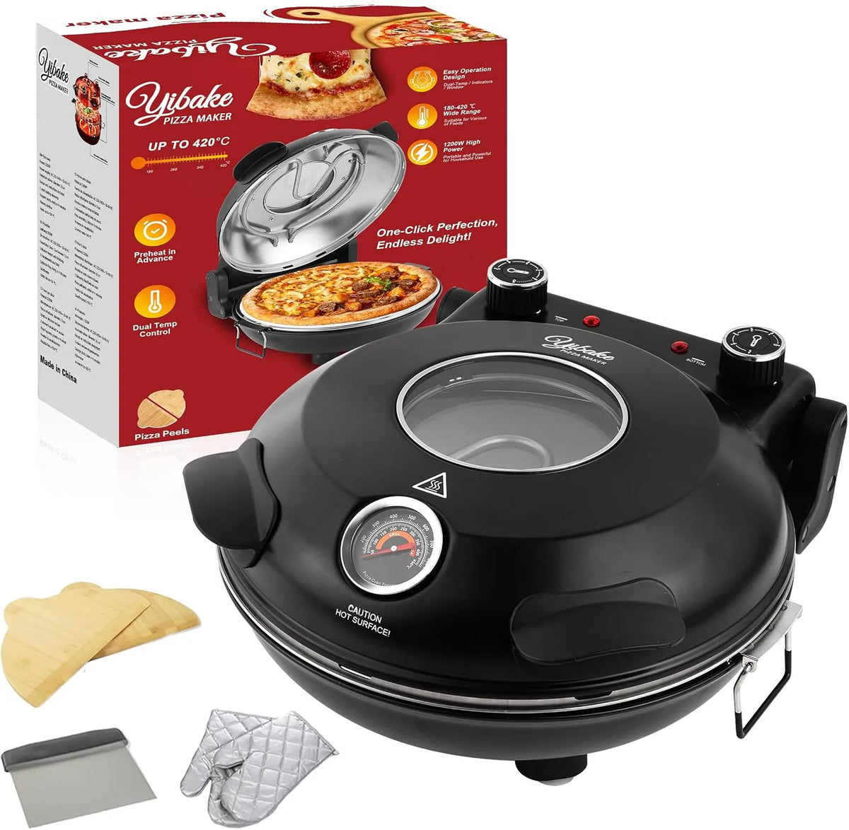 Modell 4-Min-Pizza Pizzaofen elektrisch, Leistung 1200W Pizzabäcker in, inklusive. Pizzaschaber & Pizzaschieber, Max 420℃ Pizzaofen mit 5 Garstufen