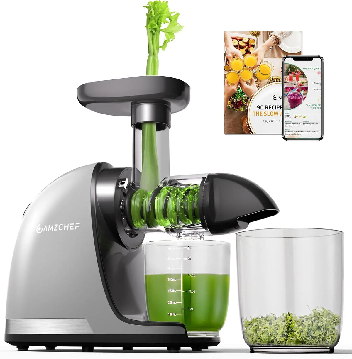 Entsafter AMZCHEF, Maschinen, Cold Press Slow Juicer, Cold Grey, BPA Free Juice Extractor with 2 Cups and Brush, Delicate Chew No Need To Filter