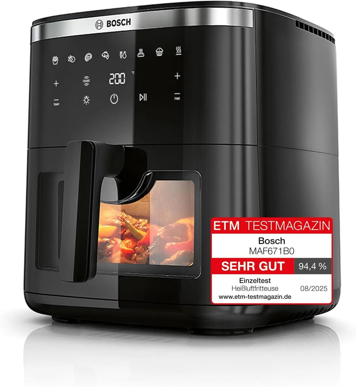 Bosch Heißluftfritteuse MAF671B0, Serie 6, XXL 7,2 L Fassungsvermögen, 7 voreingestellte Programme, beleuchtetes Sichtfenster, AirFryer in Schwarz