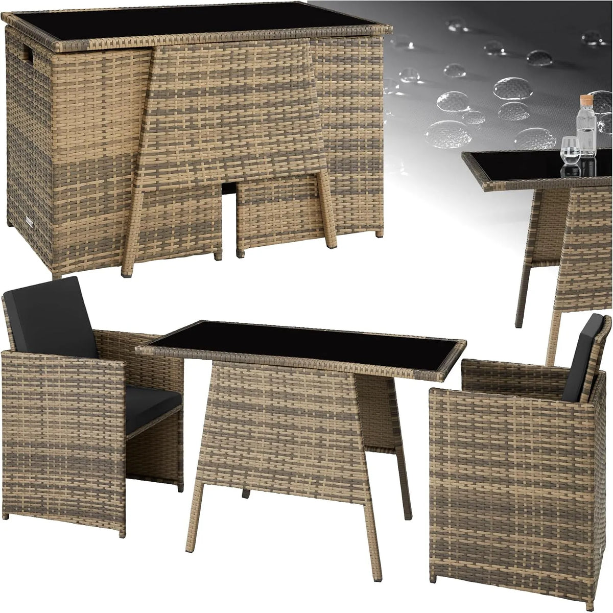 Tisch, Outdoor Möbel platzsparend zusammenschiebbar, tectake Poly Rattan Sitzgruppe für 2 Personen, 2 Sessel & 1, Gartenmöbel, Natur