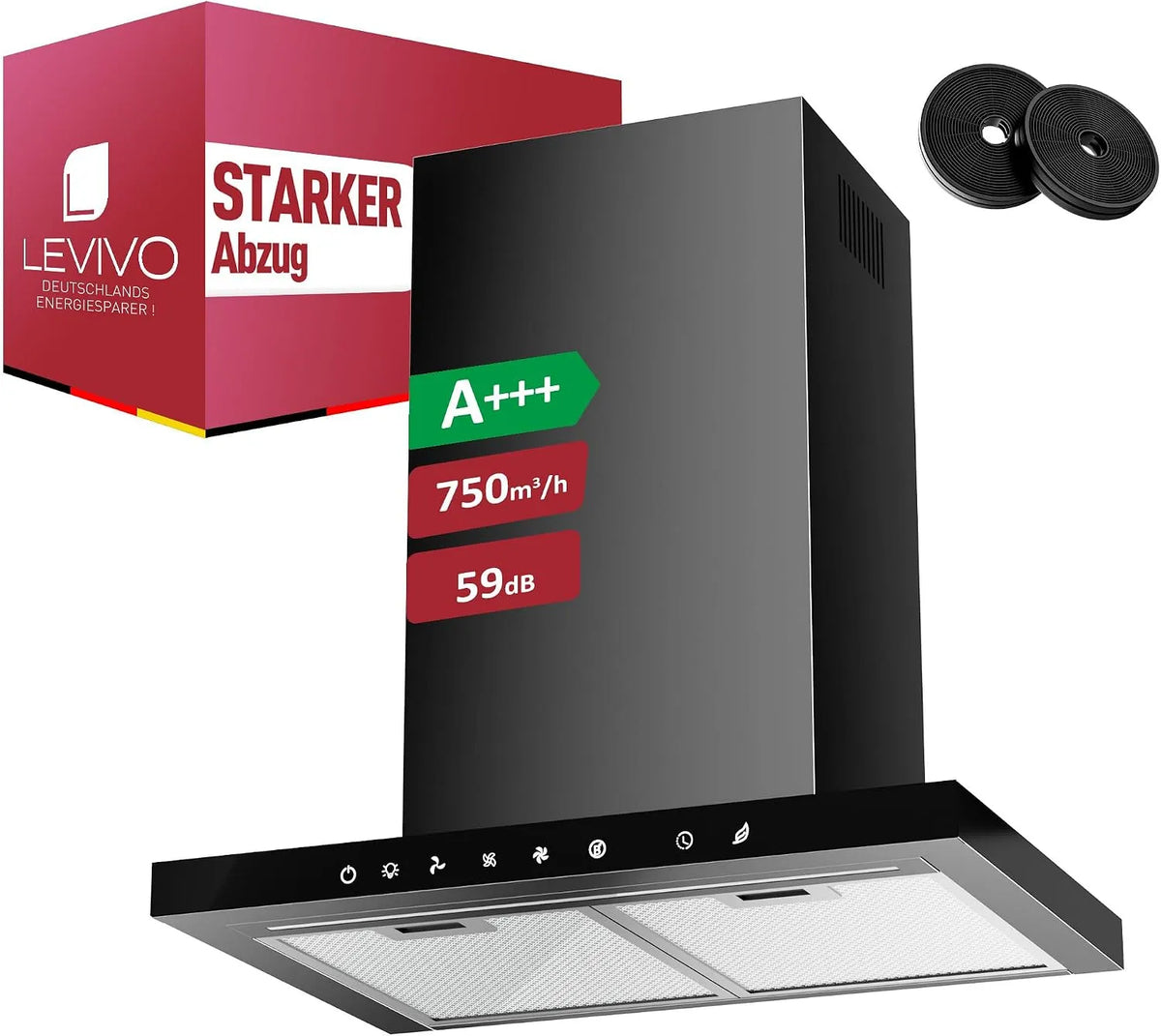 Dunstabzugshaube LEVIVO A+++, 2 Fettfiltern, 60cm Umluft & Abluft mit 750 m³/h Luftleistung, Abzugshaube mit 2 Aktivkohlefiltern, LED-Leiste