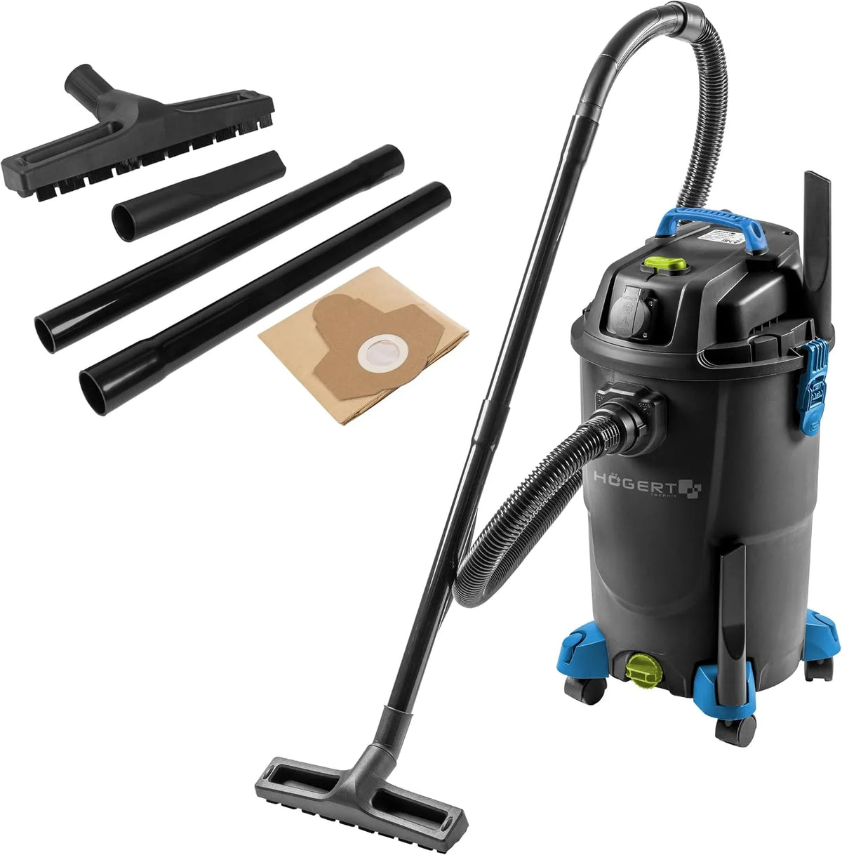 Nass-/Trockensauger, Fassungsvermögen 30 L, Leistung 1200 W, Steckdose 2000 W, 4 schwenkbare Räder, 2 m Schlauch, 4 m Kabel, Högert Technik Nass- &