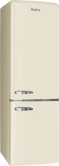 Amica Kühlschrank, Retro in freistehender Ausführung, mit Gefrierfach 244 l LED Beleuchtung Glasablagen Chrom Flaschengitter 181 x 55 x 62 cm Beige