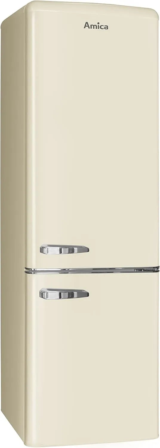 Amica Kühlschrank, Retro in freistehender Ausführung, mit Gefrierfach 244 l LED Beleuchtung Glasablagen Chrom Flaschengitter 181 x 55 x 62 cm Beige