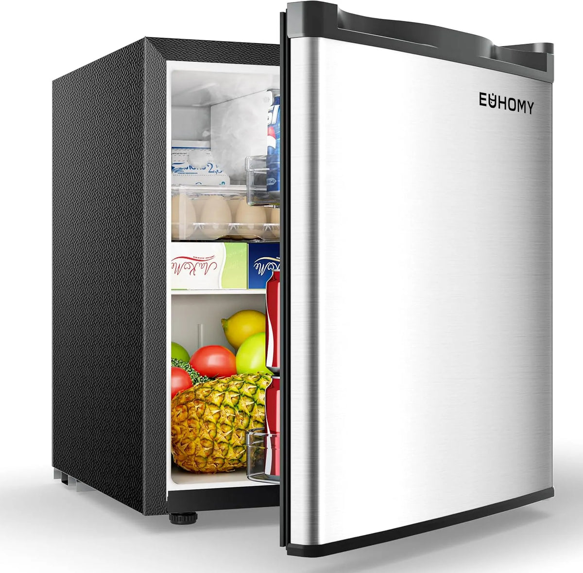 Kühlschrank EUHOMY Mini, 38dB Ultra-Leise, Fassungsvermögen 46L klein, 7-Stufen Thermostat, kleiner mit umkehrbarer Tür, Büro, Silber