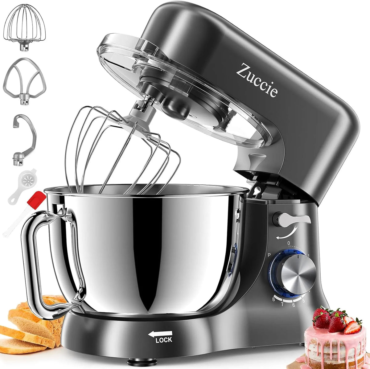 Küchenmaschine 8+P, Geschwindigkeit Teigmaschine, Zuccie Knetmaschine Leise Rührmaschine inklusive 5L Edelstahlschüssel 3-Rührwerkzeuge