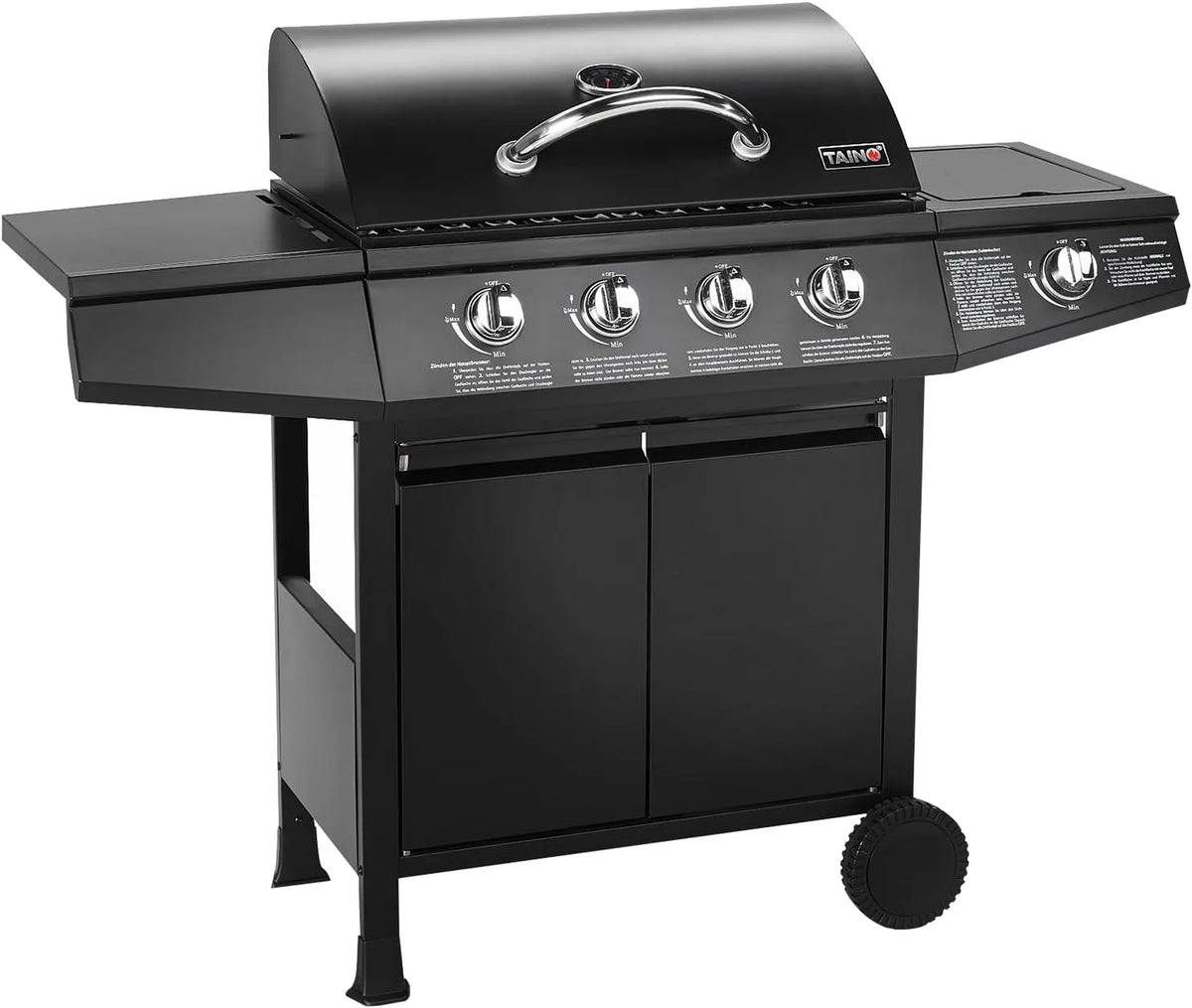 Gasgrill, TAINO BASIC 4+1 BBQ Grillwagen Edelstahl-Brenner + Seitenkocher Grill TÜV