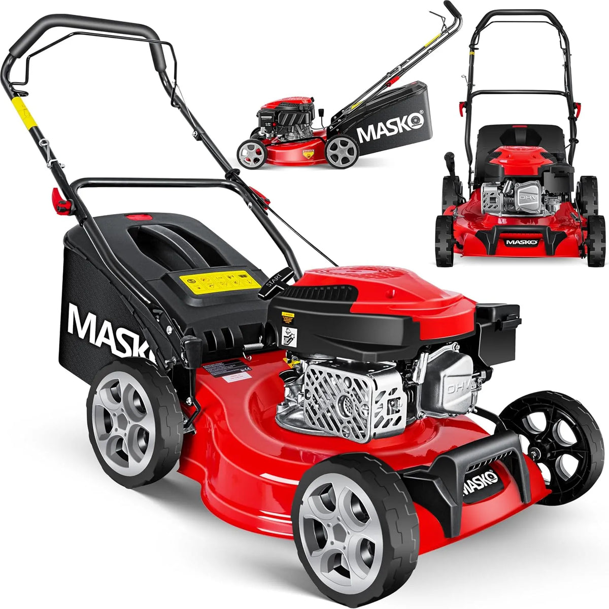 Rasenmäher 3in1 MASKO Benzin, 42 cm Schnittbreite, 4 Takt OHV Motor 3,4 PS, 7- fache Schnitthöhenverstellung, Fassungsvermögen 50 Liter Fangkorb