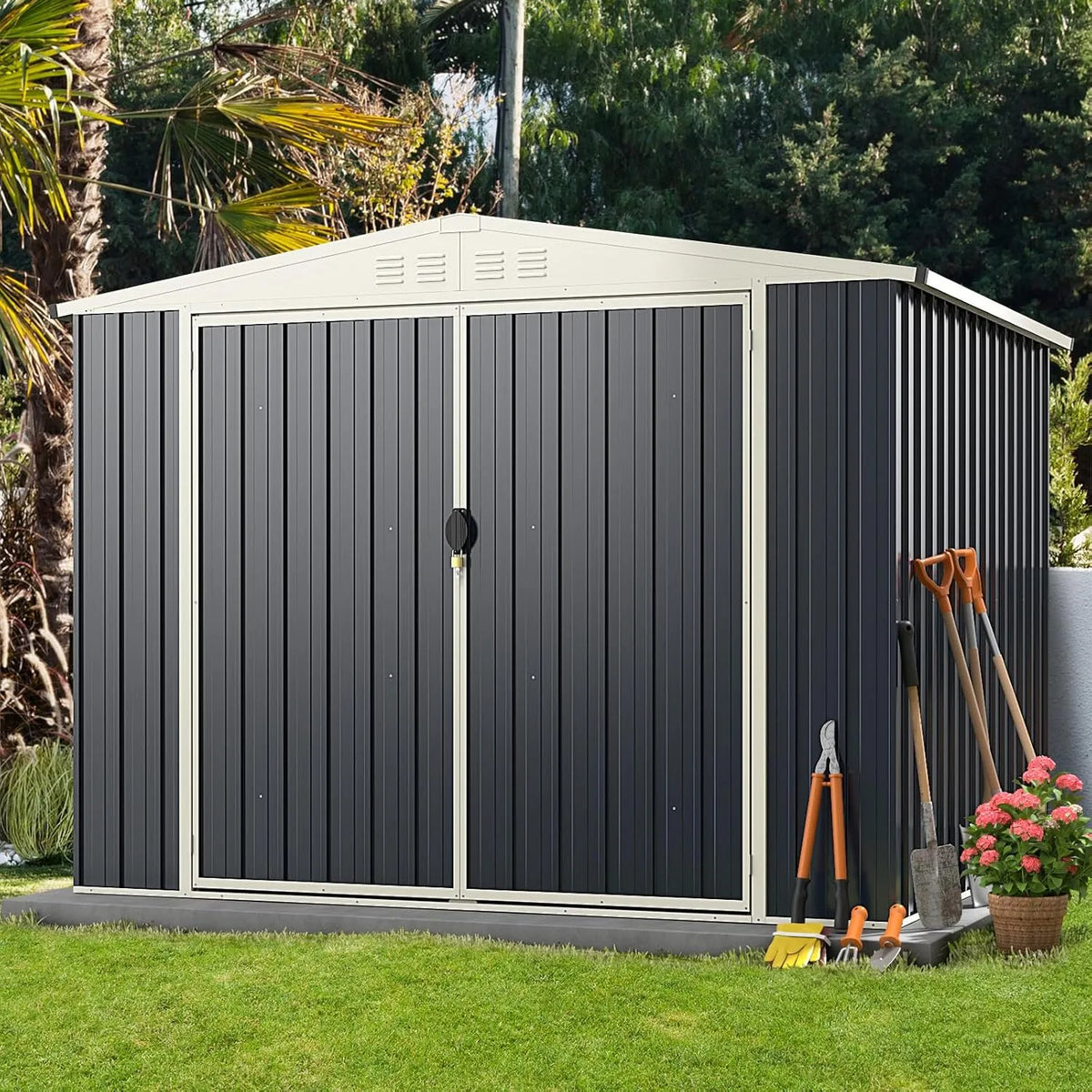 Costway Gerätehaus, Metall, Maße 246 x 193 x 180 cm, Garten Schuppen für Rasenmäher Fahrräder, Gartenhaus mit Pultdach & Belüftungsöffnung