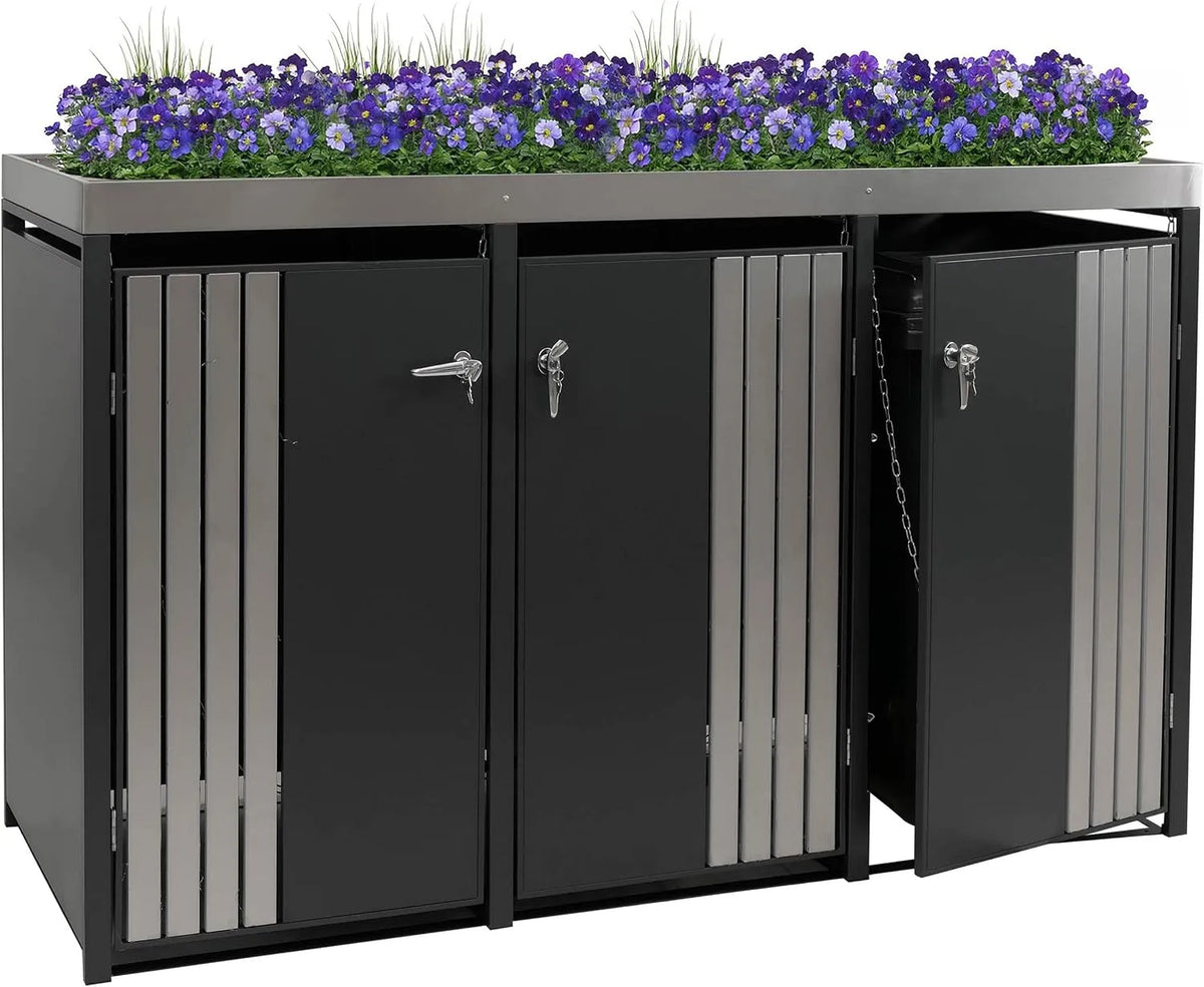 Modell 3er-Mülltonnenverkleidung HWC-O67 Mendler, Metall 125x196x84cm 75kg, Mülltonnenbox mit Pflanzkasten, anthrazit Edelstahl