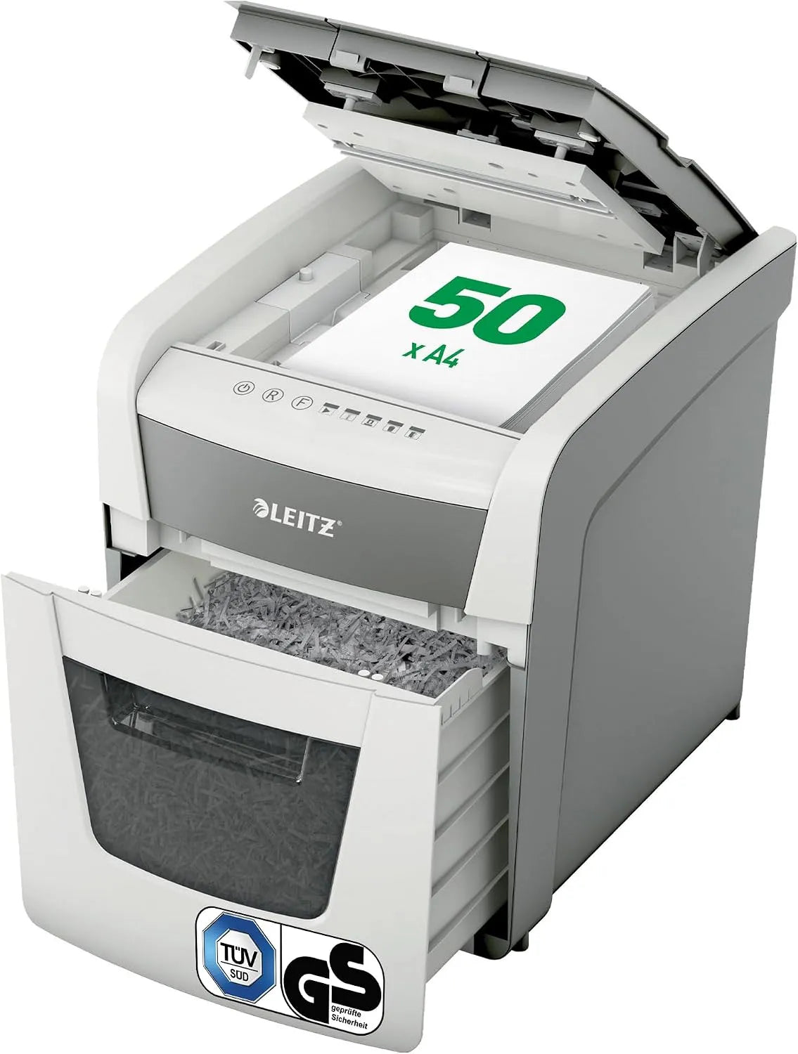 Autofeed Small Office Aktenvernichter 80350000 Leitz IQ, 50 Blatt Papierstapel schreddern, Partikelschnitt P4, 20L Abfallbehälter