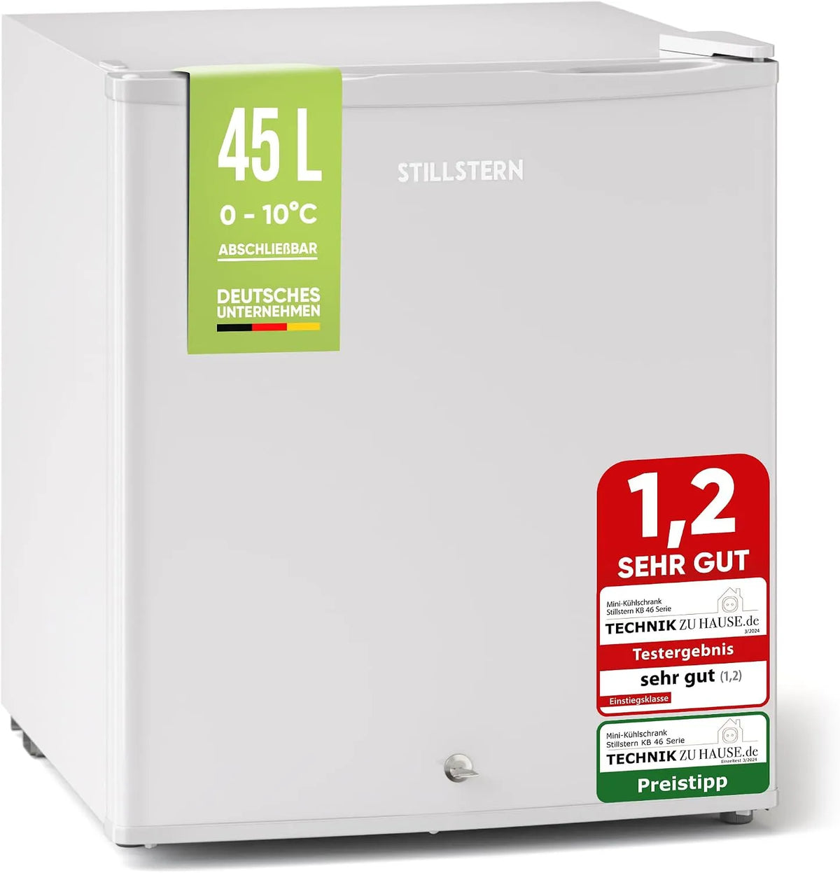 Kühlschrank Stillstern Mini, E 45L mit Abtauautomatik, Schloss, Frostfach, Leise, Ideal für Küche, Büro, Schlafzimmer