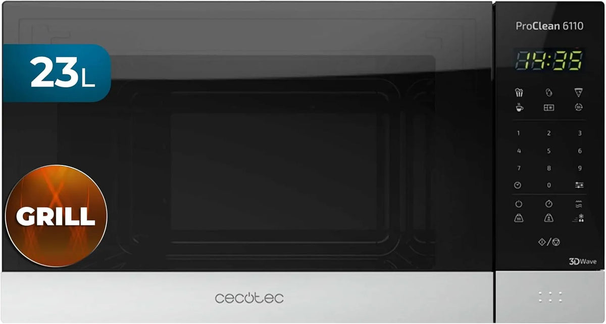Cecotec Mikrowelle, Fassungsvermögen 23 L, Pro Clean 6110. 800 W, Grill 1000 W, 100 Min Timer, LED, Edelstahl In Schwarz Silber